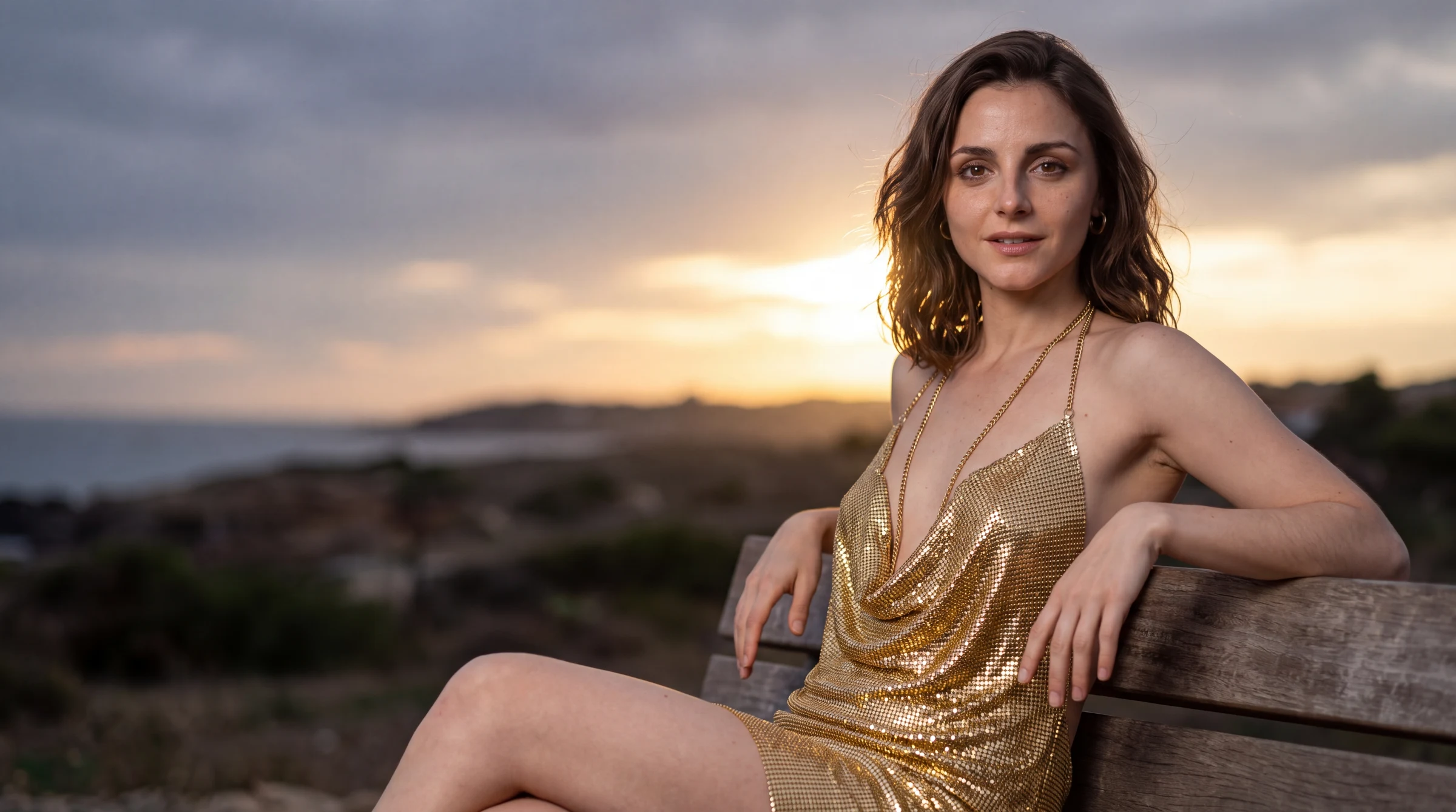 Soaira on a park bench by the water at sunset, gold dress